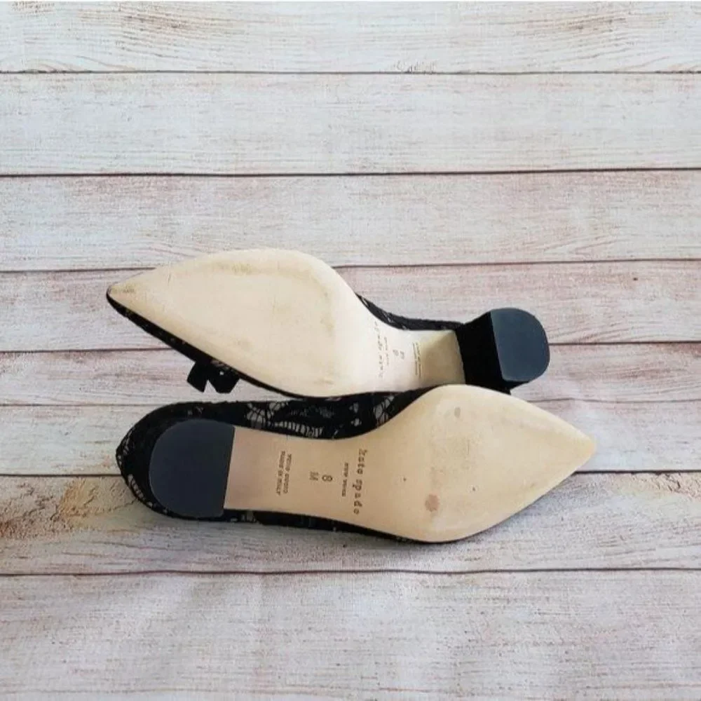 Kate Spade Lace Leather & Suede Pointy Toe Block Heel Shoes Black Size 8